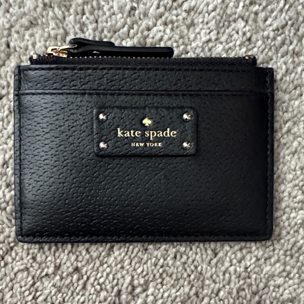 kate spade Black Leather Slim Card Wallet with Gold Logo Plate